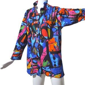 Calessa Dopamine Colorful Festival Womens size 1X Casual Button Up Geometric Top